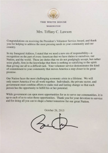 Tiffany receiving President's Volunteer Service Award