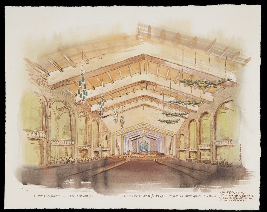 Several concept drawings survive from the pre-planning phase of the project, including this view of the auditorium showing options for pendant fixtures on the left and cocoa-bean shaped fixtures on the right. The cocoa bean-shaped fixtures were eventually chosen to be hung in the auditorium.