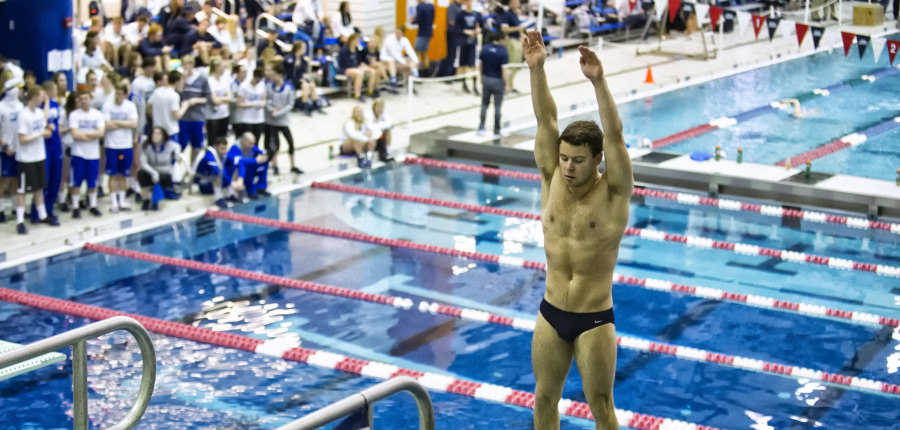 Ryan Blom preparing to dive into a pool.