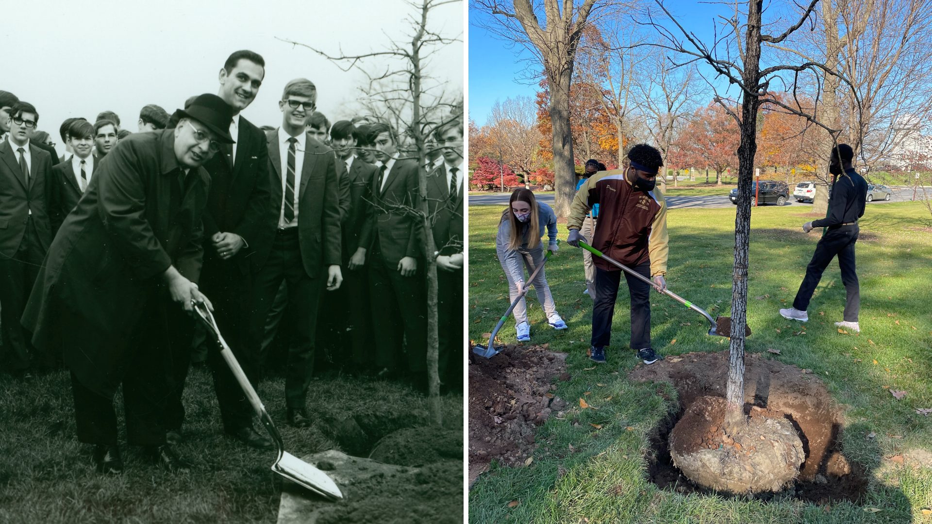 MHS students then and now tree planting ceremony for Founders Week