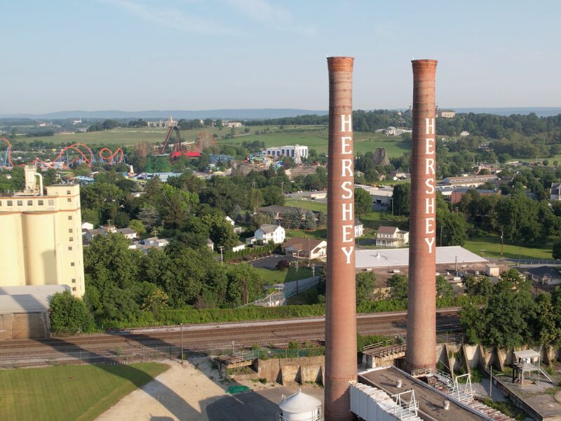 Hershey skyline with smoke stacks, Hersheypark, and Catherine Hall
