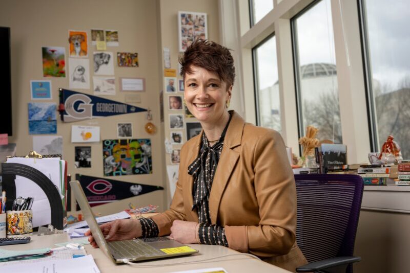 high school english teacher at her desk