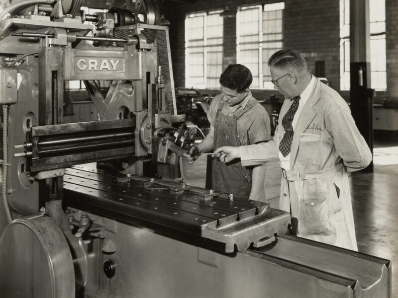 historical photo of an MHS student at wood shop