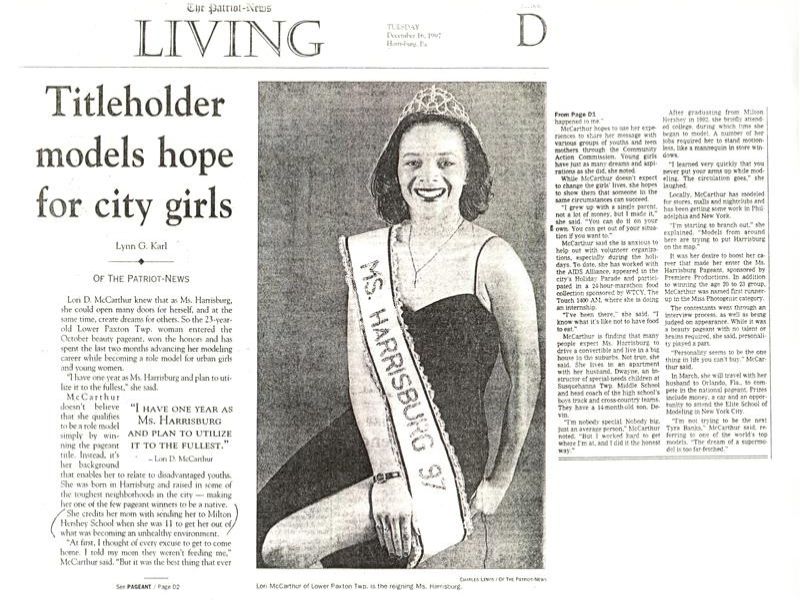 Lori Livingston '92 newspaper clipping of her as Ms. Harrisburg