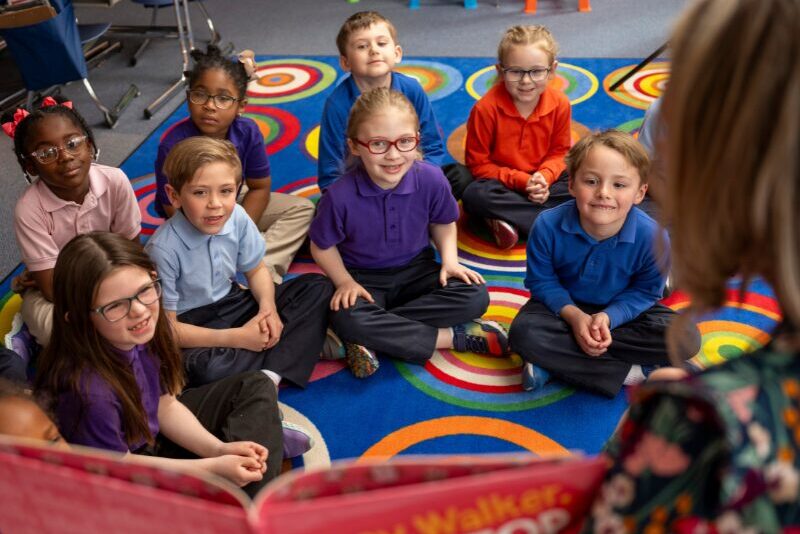 elementary students at story time