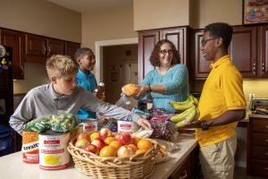Milton Hershey School students work on food prep in their student home kitchen.