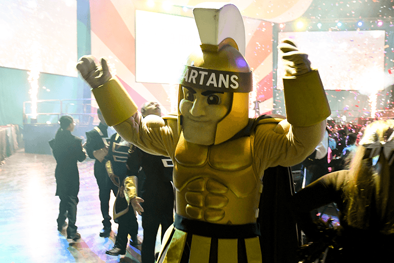 Milton Hershey School mascot, Sparty, dances after the 2022 Opening of School Assembly.