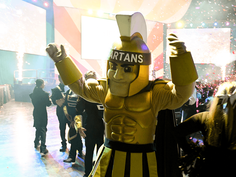 Milton Hershey School mascot, Sparty, dances after the 2022 Opening of School Assembly.