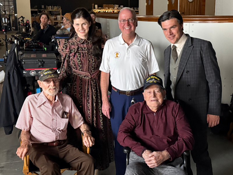 MHS alumni Lee Owen and Tony Perry on the HERSHEY movie set with President Pete Gurt, Alexandra Daddario, and Finn Wittrock.