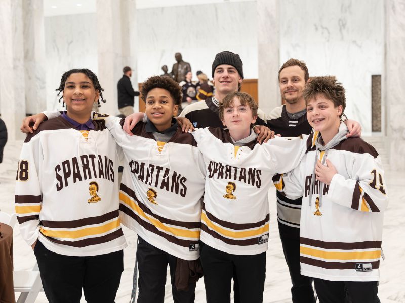 The Hershey Bears visit Milton Hershey School students for a luncheon in the Founders Hall Rotunda
