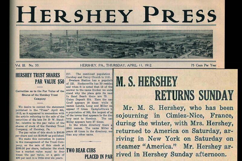 An article in the Hershey Press announces Mr. Hershey's return to America. Mr. Hershey was originally scheduled to be on the Titanic.