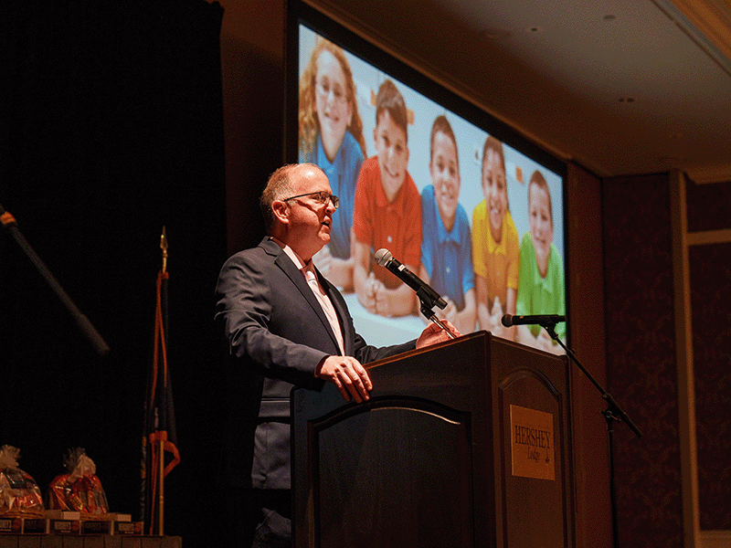 Milton Hershey School President Pete Gurt '85 speaks at The Hershey Story Museum Business Partners in Education Breakfast. 
